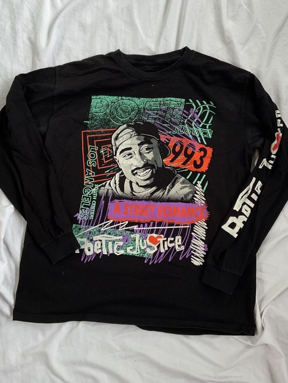 Tupac Shakur Poetic Justice Long Sleeve Shirt Men's Size L Black Graphic Hip Hop